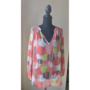 Pleione Sheer V-Neck Blouse - Coral Multi Circle Print Long Sleeve Chiffon Top